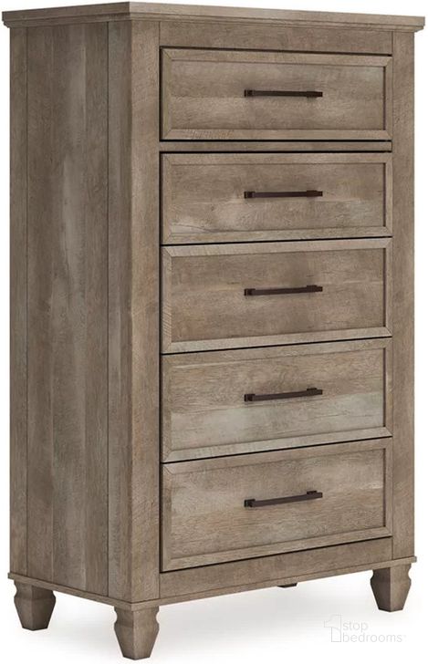 The appearance of Yarbeck Sand Five Drawer Chest designed by Signature Design by Ashley in the traditional interior design. This sand piece of furniture  was selected by 1StopBedrooms from Yarbeck Collection to add a touch of cosiness and style into your home. Sku: B2710-245. Material: Wood. Product Type: Chest. Image1