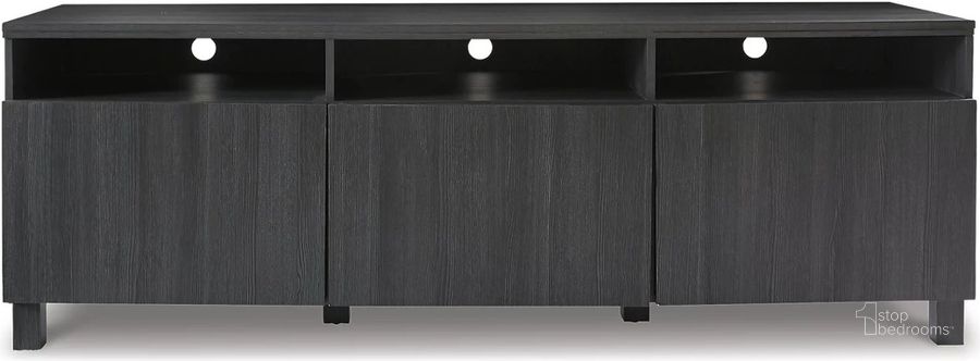 The appearance of Yarlow Black 70 Inch Large TV Stand designed by Signature Design by Ashley in the transitional interior design. This black piece of furniture  was selected by 1StopBedrooms from Yarlow Collection to add a touch of cosiness and style into your home. Sku: W215-66. Material: Wood. Product Type: TV Stands and TV Console. Image1