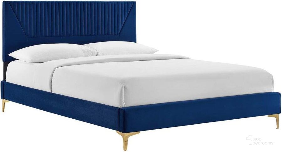 The appearance of Yasmine Channel Tufted Performance Velvet Full Platform Bed In Navy MOD-6996-NAV designed by Modway in the transitional interior design. This navy piece of furniture  was selected by 1StopBedrooms from Yasmine Collection to add a touch of cosiness and style into your home. Sku: MOD-6996-NAV. Bed Type: Platform Bed. Product Type: Platform Bed. Bed Size: Full. Material: Plywood. Image1