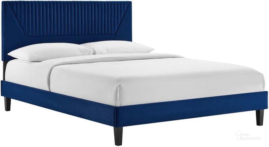 The appearance of Yasmine Channel Tufted Performance Velvet Full Platform Bed In Navy MOD-7004-NAV designed by Modway in the transitional interior design. This navy piece of furniture  was selected by 1StopBedrooms from Yasmine Collection to add a touch of cosiness and style into your home. Sku: MOD-7004-NAV. Bed Type: Platform Bed. Material: Fabric. Product Type: Platform Bed. Bed Size: Full. Image1