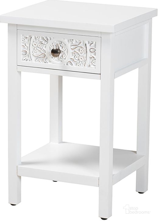 The appearance of Yelena White Finished Wood 1-Drawer End Table designed by Baxton Studio in the traditional interior design. This white and chrome piece of furniture  was selected by 1StopBedrooms from Yelena Collection to add a touch of cosiness and style into your home. Sku: JY23A003-Wooden-Accent Table. Product Type: End Table. Material: MDF. Image1