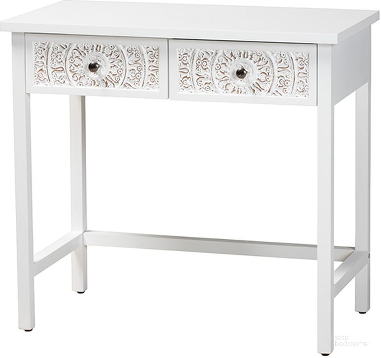 The appearance of Yelena White Finished Wood 2-Drawer Console Table designed by Baxton Studio in the traditional interior design. This white and chrome piece of furniture  was selected by 1StopBedrooms from Yelena Collection to add a touch of cosiness and style into your home. Sku: JY23A005-Wooden-Console Table. Product Type: Console Table. Material: MDF. Image1