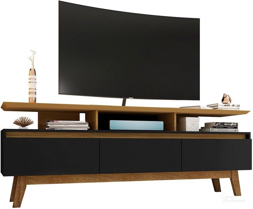 The appearance of Yonkers 70.86 TV Stand in Black and Cinnamon designed by Manhattan Comfort in the transitional interior design. This black and cinnamon piece of furniture  was selected by 1StopBedrooms from Yonkers Collection to add a touch of cosiness and style into your home. Sku: 234BMC82. Product Type: TV Stand. Material: MDF. Image1