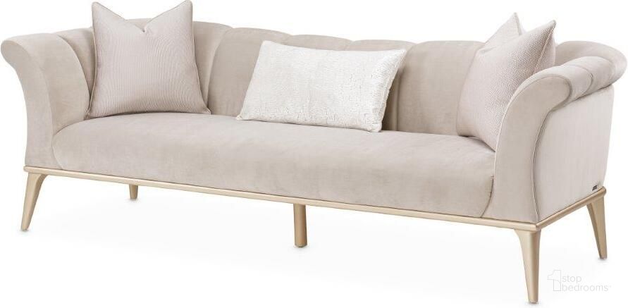 The appearance of Yvette Sofa In Porcini and Champagne designed by AICO in the modern / contemporary interior design. This porcini piece of furniture  was selected by 1StopBedrooms from Yvette Collection to add a touch of cosiness and style into your home. Sku: LRU-YVTE815-PCI-136. Product Type: Sofa. Material: Velvet. Image1