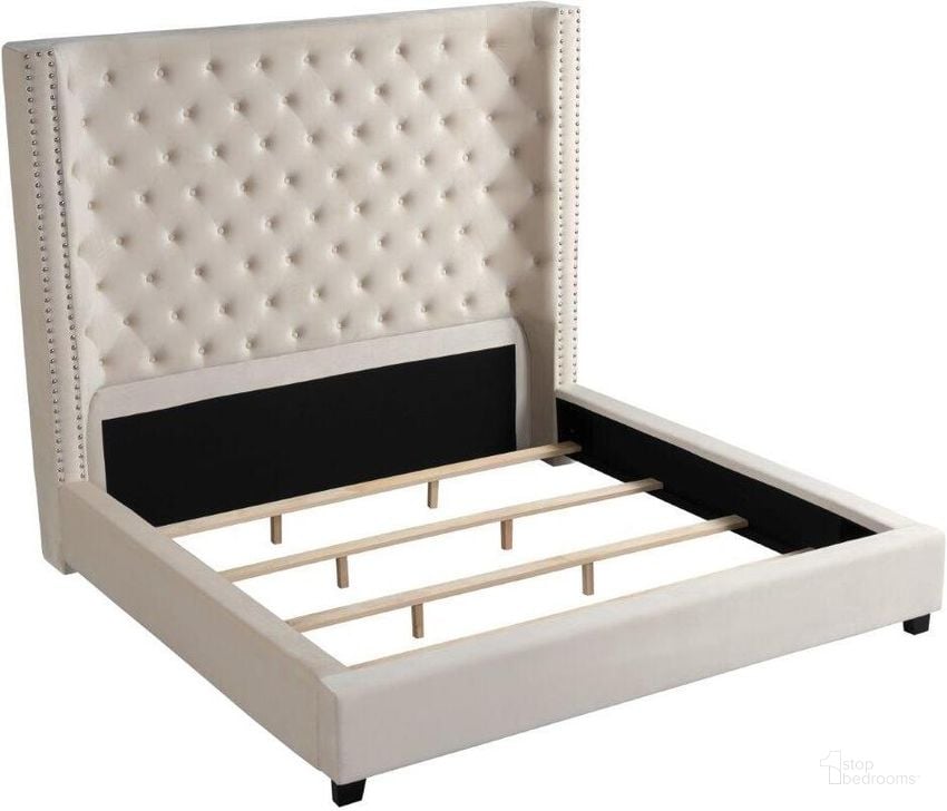 The appearance of Yvonne Velvet Upholstered California King Platform Bed In Beige designed by Best Master Furniture in the transitional interior design. This beige piece of furniture  was selected by 1StopBedrooms from Yvonne Collection to add a touch of cosiness and style into your home. Sku: YY139VBECK. Bed Type: Platform Bed. Material: Upholstered. Product Type: Platform Bed. Bed Size: California King. Image1