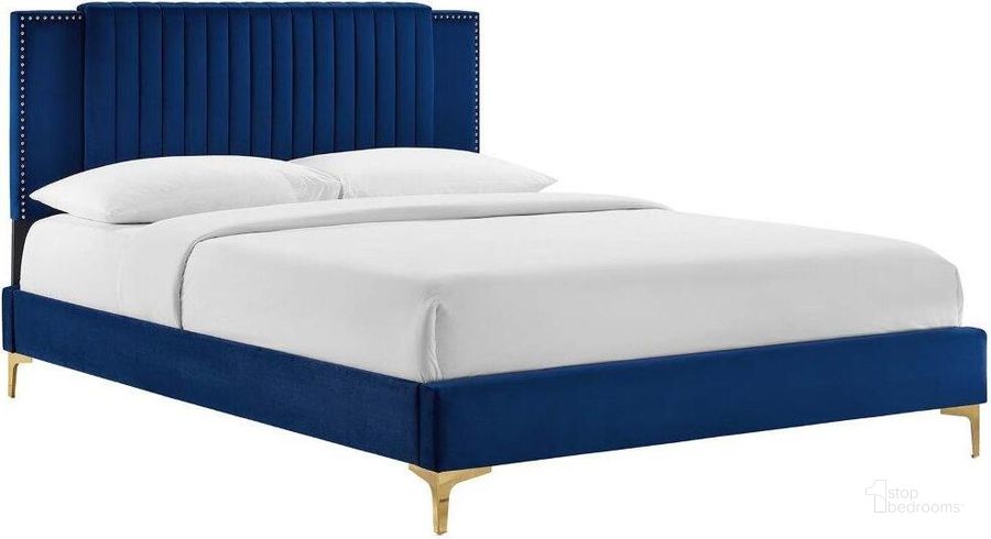 The appearance of Zahra Channel Tufted Performance Velvet King Platform Bed In Navy MOD-7006-NAV designed by Modway in the transitional interior design. This navy piece of furniture  was selected by 1StopBedrooms from Zahra Collection to add a touch of cosiness and style into your home. Sku: MOD-7006-NAV. Bed Type: Platform Bed. Product Type: Platform Bed. Bed Size: King. Material: Plywood. Image1