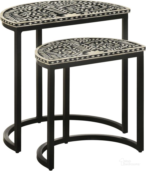 The appearance of Zakiya 2-Piece Demilune Nesting Table In Black and White designed by Coaster in the traditional interior design. This black and white piece of furniture  was selected by 1StopBedrooms from Zakiya Collection to add a touch of cosiness and style into your home. Sku: 930195. Material: Wood. Product Type: Nesting Table. Image1