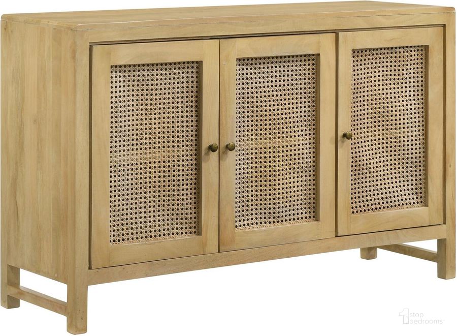 The appearance of Zamora Rectangular 3-Door Accent Cabinet In Natural designed by Coaster in the transitional interior design. This natural piece of furniture  was selected by 1StopBedrooms from Zamora Collection to add a touch of cosiness and style into your home. Sku: 953556. Material: Wood. Product Type: Accent Cabinet. Image1