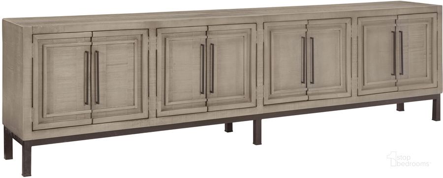 The appearance of Zander 112 Inch Console With 8 Doors In Grey designed by Aspenhome in the modern / contemporary interior design. This grey piece of furniture  was selected by 1StopBedrooms from Zander Collection to add a touch of cosiness and style into your home. Sku: I310-2112-STO. Material: Wood. Product Type: TV Console. Image1