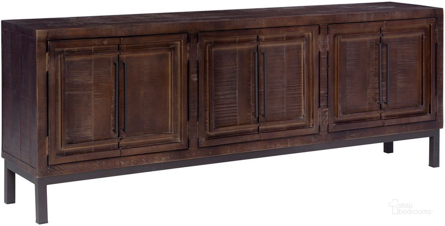 The appearance of Zander 84 Inch Console With 6 Doors In Dark Brown designed by Aspenhome in the modern / contemporary interior design. This dark brown piece of furniture  was selected by 1StopBedrooms from Zander Collection to add a touch of cosiness and style into your home. Sku: I310-284-UMB. Material: Wood. Product Type: TV Console. Image1