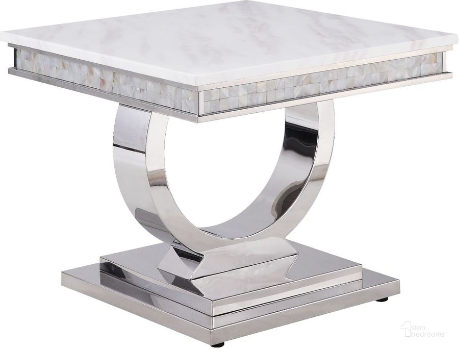 The appearance of Zander End Table In White Printed Faux Marble Top And Mirrored Silver designed by ACME in the modern / contemporary interior design. This silver piece of furniture  was selected by 1StopBedrooms from Zander Collection to add a touch of cosiness and style into your home. Sku: 87363T;87364FRM;87365ST;87366BASE. Product Type: End Table. Material: Stainless Steel. Image1