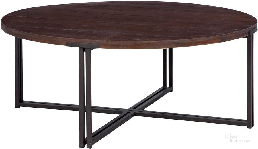 The appearance of Zander Round Cocktail Table With Dual Metal Base In Dark Brown designed by Aspenhome in the modern / contemporary interior design. This dark brown piece of furniture  was selected by 1StopBedrooms from Zander Collection to add a touch of cosiness and style into your home. Sku: I310-9101-UMB. Material: Wood. Product Type: Cocktail Table. Image1