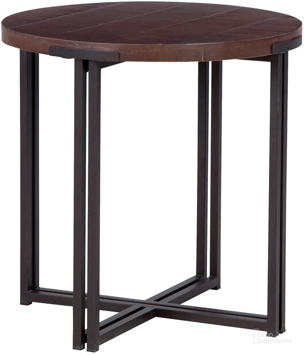 The appearance of Zander Round End Table With Dual Metal Base In Dark Brown designed by Aspenhome in the modern / contemporary interior design. This dark brown piece of furniture  was selected by 1StopBedrooms from Zander Collection to add a touch of cosiness and style into your home. Sku: I310-9141-UMB. Material: Wood. Product Type: End Table. Image1