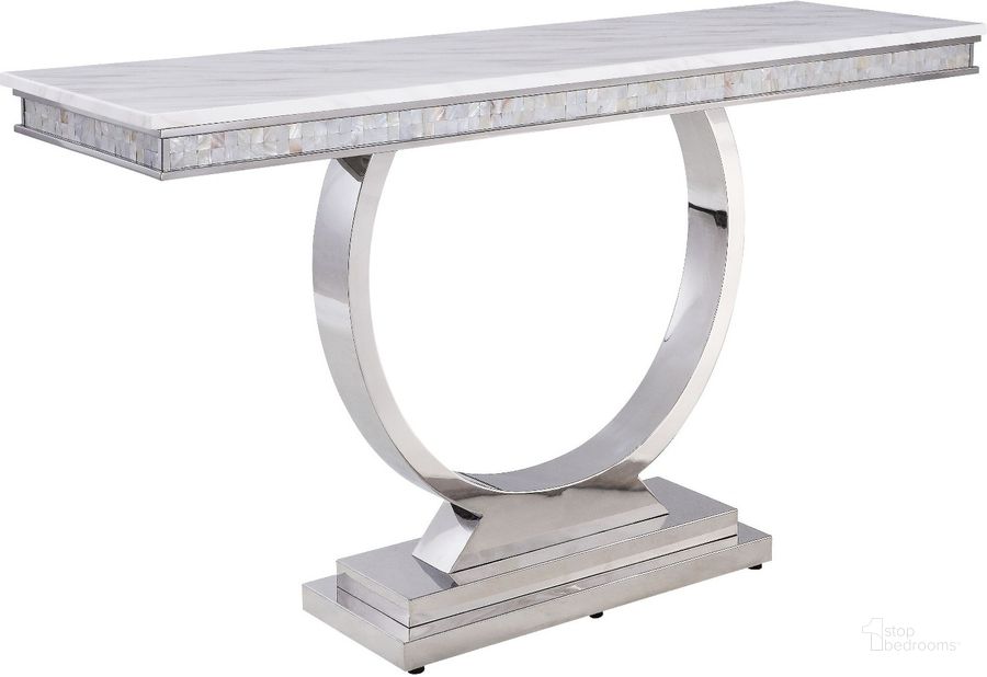 The appearance of Zander Sofa Table In White Printed Faux Marble Top And Mirrored Silver designed by ACME in the modern / contemporary interior design. This silver piece of furniture  was selected by 1StopBedrooms from Zander Collection to add a touch of cosiness and style into your home. Sku: 87359T;87360FRM;87361ST;87362BASE. Product Type: Sofa Table. Material: Stainless Steel. Image1