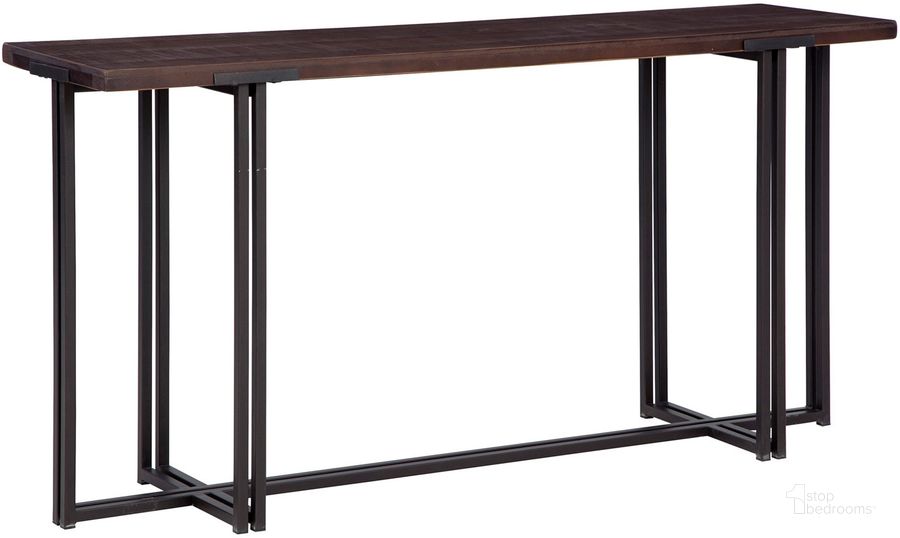 The appearance of Zander Sofa Table With Dual Metal Base In Dark Brown designed by Aspenhome in the modern / contemporary interior design. This dark brown piece of furniture  was selected by 1StopBedrooms from Zander Collection to add a touch of cosiness and style into your home. Sku: I310-9151-UMB. Material: Wood. Product Type: Sofa Table. Image1