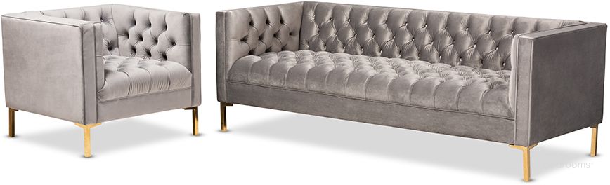 The appearance of Zanetta Glam And Luxe Gray Velvet Upholstered Gold Finished 2-Piece Sofa And Lounge Chair Set designed by Baxton Studio in the transitional interior design. This gray piece of furniture  was selected by 1StopBedrooms from Zanetta Collection to add a touch of cosiness and style into your home. Sku: TSF-7723-Grey/Gold-2PC Set. Material: Wood. Product Type: Living Room Set. Image1