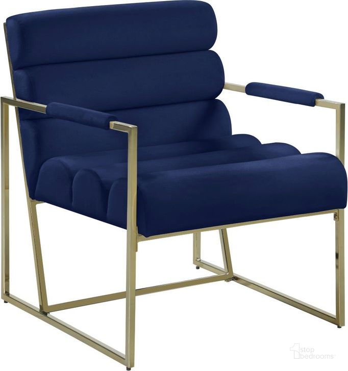 The appearance of Zayne Navy Velvet Accent Chair designed by Meridian in the modern / contemporary interior design. This navy velvet piece of furniture  was selected by 1StopBedrooms from Zayne Collection to add a touch of cosiness and style into your home. Sku: 526Navy. Product Type: Accent Chair. Material: Velvet. Image1