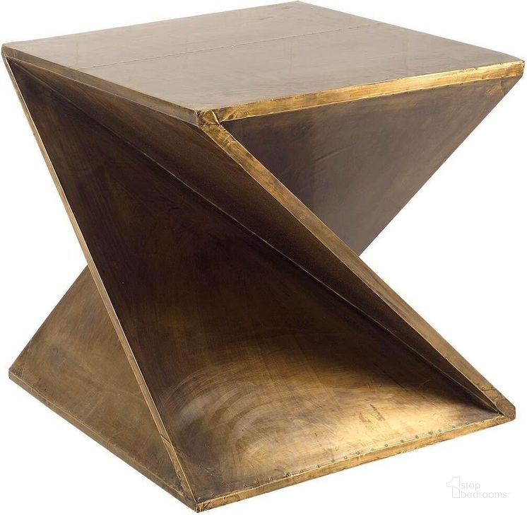 The appearance of Zelda Gold Metal-Cladded Z-Shaped Wooden Accent Table designed by Mercana in the modern / contemporary interior design. This gold piece of furniture  was selected by 1StopBedrooms from Zelda Collection to add a touch of cosiness and style into your home. Sku: 67095. Material: Metal. Product Type: Accent Table. Image1