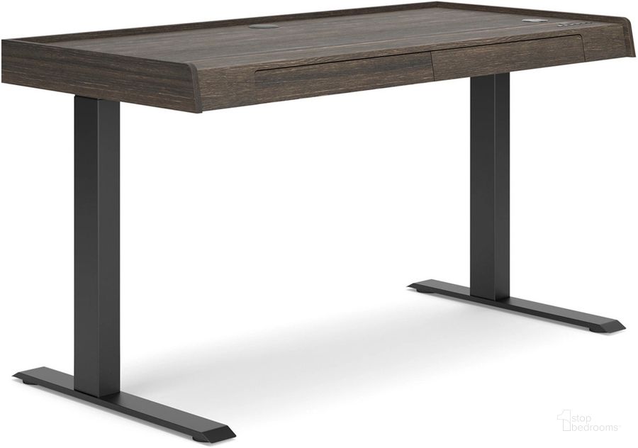 The appearance of Zendex Dark Brown Adjustable Height Desk designed by Signature Design by Ashley in the modern / contemporary interior design. This dark brown piece of furniture  was selected by 1StopBedrooms from Zendex Collection to add a touch of cosiness and style into your home. Sku: H304-29. Material: Wood. Product Type: Desk. Image1