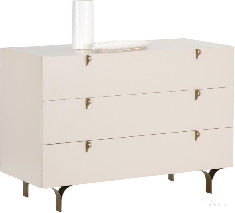 The appearance of Zenn Celine Cream Antique Brass Dresser designed by Sunpan in the transitional interior design. This cream piece of furniture  was selected by 1StopBedrooms from Zenn Collection to add a touch of cosiness and style into your home. Sku: 105396. Material: Wood. Product Type: Dresser. Image1