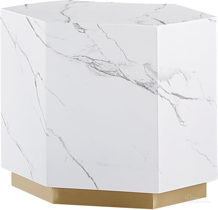 The appearance of Zhuri Hexagon Faux Marble End Table In White/Gold designed by Best Master Furniture in the modern / contemporary interior design. This white piece of furniture  was selected by 1StopBedrooms from Zhuri Collection to add a touch of cosiness and style into your home. Sku: LX905WGHE. Material: Marble. Product Type: End Table. Image1