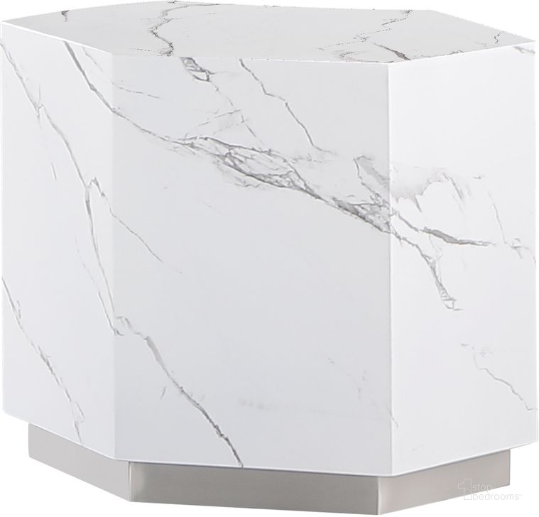 The appearance of Zhuri Hexagon Faux Marble End Table In White/Silver designed by Best Master Furniture in the modern / contemporary interior design. This white piece of furniture  was selected by 1StopBedrooms from Zhuri Collection to add a touch of cosiness and style into your home. Sku: LX905WSHE. Material: Marble. Product Type: End Table. Image1