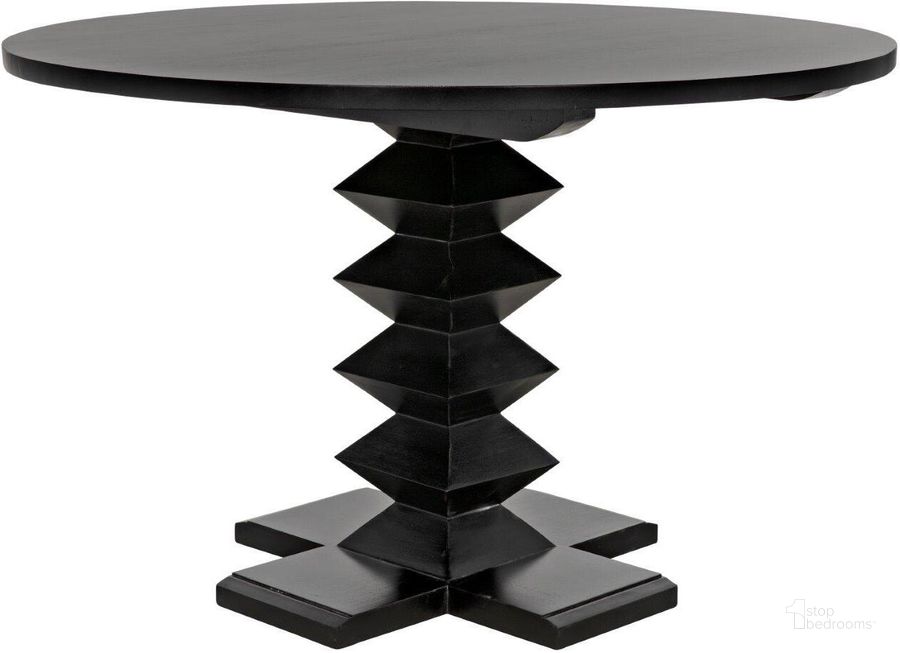 The appearance of Zig-Zag 48 Inch Diameter Dining Table In Hand Rubbed Black designed by Noir in the transitional interior design. This black piece of furniture  was selected by 1StopBedrooms from Zig Zag Collection to add a touch of cosiness and style into your home. Sku: GTAB472HB-48. Table Base Style: Pedestal. Table Top Shape: Round. Product Type: Dining Table. Material: Wood Veneer. Size: 48". Image1