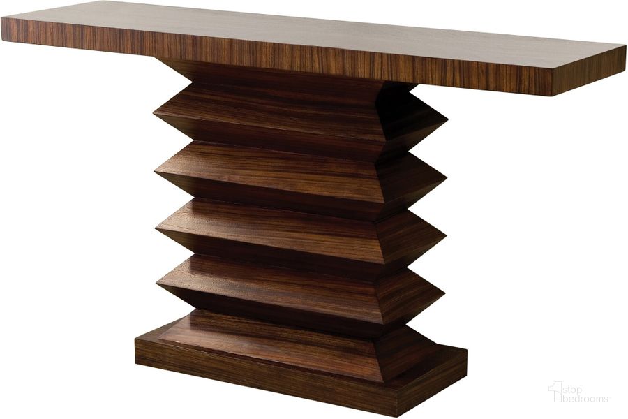 The appearance of Zig Zag Console Table In Brown designed by Global Views in the modern / contemporary interior design. This brown piece of furniture  was selected by 1StopBedrooms from Zig Collection to add a touch of cosiness and style into your home. Sku: 2262. Product Type: Console Table. Material: MDF. Image1