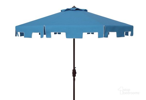 The appearance of Zimmerman 9 Ft Market Umbrella in Blue designed by Safavieh in the modern / contemporary interior design. This blue piece of furniture  was selected by 1StopBedrooms from Zimmerman Collection to add a touch of cosiness and style into your home. Sku: PAT8000P. Material: Metal. Product Type: Umbrella. Image1