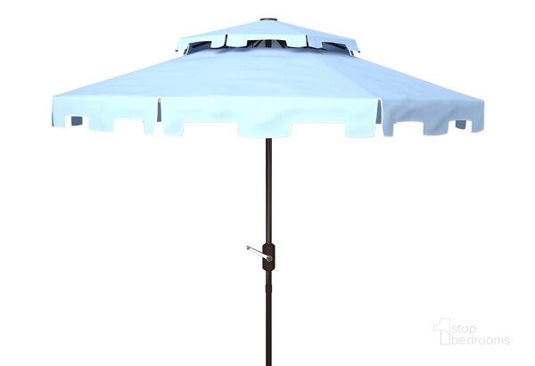 The appearance of Zimmerman 9Ft Double Top Market Umbrella in Blue and White designed by Safavieh in the modern / contemporary interior design. This blue and white piece of furniture  was selected by 1StopBedrooms from Zimmerman Collection to add a touch of cosiness and style into your home. Sku: PAT8200D. Material: Metal. Product Type: Umbrella. Image1