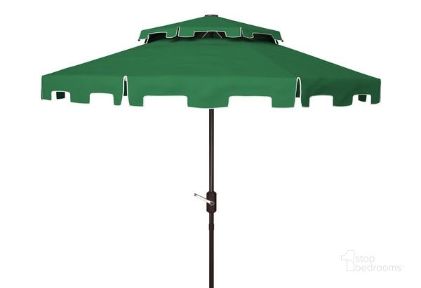 The appearance of Zimmerman 9Ft Double Top Market Umbrella in Green and White designed by Safavieh in the modern / contemporary interior design. This green and white piece of furniture  was selected by 1StopBedrooms from Zimmerman Collection to add a touch of cosiness and style into your home. Sku: PAT8200B. Material: Metal. Product Type: Umbrella. Image1