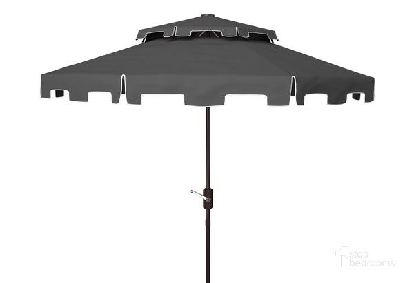 The appearance of Zimmerman 9Ft Double Top Market Umbrella in Grey designed by Safavieh in the modern / contemporary interior design. This grey piece of furniture  was selected by 1StopBedrooms from Zimmerman Collection to add a touch of cosiness and style into your home. Sku: PAT8200E. Material: Metal. Product Type: Umbrella. Image1