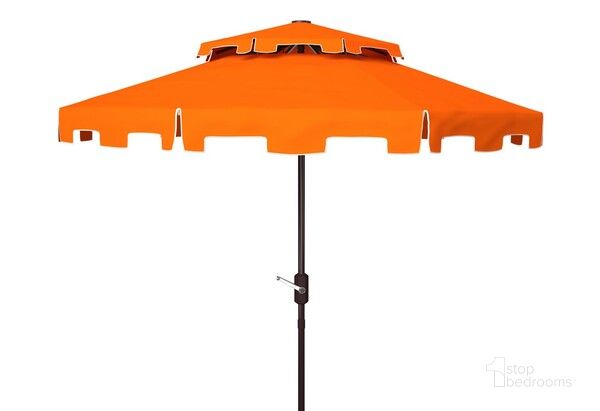 The appearance of Zimmerman 9Ft Double Top Market Umbrella in Orange designed by Safavieh in the modern / contemporary interior design. This orange piece of furniture  was selected by 1StopBedrooms from Zimmerman Collection to add a touch of cosiness and style into your home. Sku: PAT8200G. Material: Metal. Product Type: Umbrella. Image1