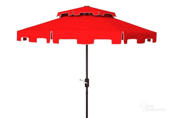 The appearance of Zimmerman 9Ft Double Top Market Umbrella in Red designed by Safavieh in the modern / contemporary interior design. This red piece of furniture  was selected by 1StopBedrooms from Zimmerman Collection to add a touch of cosiness and style into your home. Sku: PAT8200J. Material: Metal. Product Type: Umbrella. Image1
