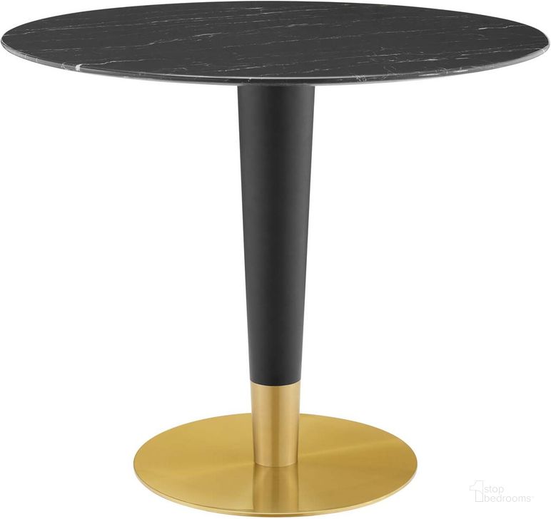 The appearance of Zinque 36 Inch Artificial Marble Dining Table In Black and Gold designed by Modway in the modern / contemporary interior design. This black and gold piece of furniture  was selected by 1StopBedrooms from Zinque Collection to add a touch of cosiness and style into your home. Sku: EEI-5132-GLD-BLK. Table Base Style: Pedestal. Table Top Shape: Round. Product Type: Dining Table. Material: Stainless Steel. Size: 36". Image1