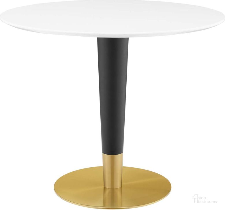 The appearance of Zinque 36 Inch Dining Table In Gold and White designed by Modway in the modern / contemporary interior design. This gold and white piece of furniture  was selected by 1StopBedrooms from Zinque Collection to add a touch of cosiness and style into your home. Sku: EEI-5117-GLD-WHI. Table Base Style: Pedestal. Table Top Shape: Round. Product Type: Dining Table. Material: Stainless Steel. Size: 36". Image1