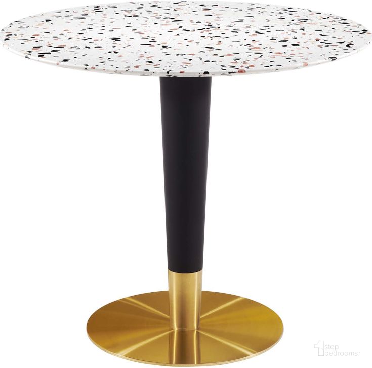 The appearance of Zinque 36 Inch  Round Terrazzo Dining Table In Gold White designed by Modway in the modern / contemporary interior design. This gold white piece of furniture  was selected by 1StopBedrooms from Zinque Collection to add a touch of cosiness and style into your home. Sku: EEI-5718-GLD-WHI. Table Base Style: Pedestal. Table Top Shape: Round. Material: Metal. Product Type: Dining Table. Size: 36". Image1