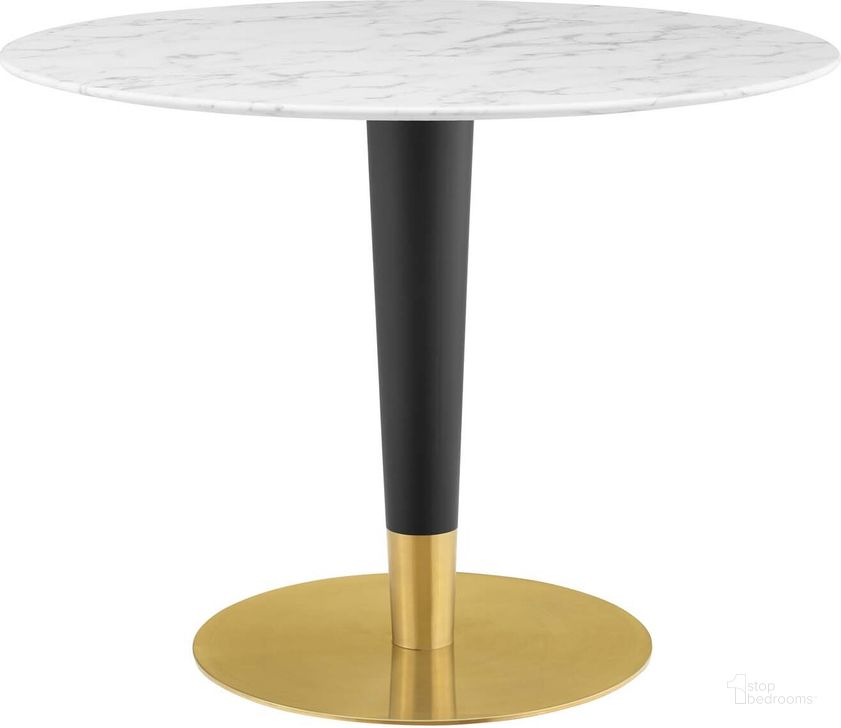 The appearance of Zinque 40 Inch Artificial Marble Dining Table In Gold and White designed by Modway in the modern / contemporary interior design. This gold and white piece of furniture  was selected by 1StopBedrooms from Zinque Collection to add a touch of cosiness and style into your home. Sku: EEI-5138-GLD-WHI. Table Base Style: Pedestal. Table Top Shape: Round. Product Type: Dining Table. Material: Stainless Steel. Size: 40". Image1