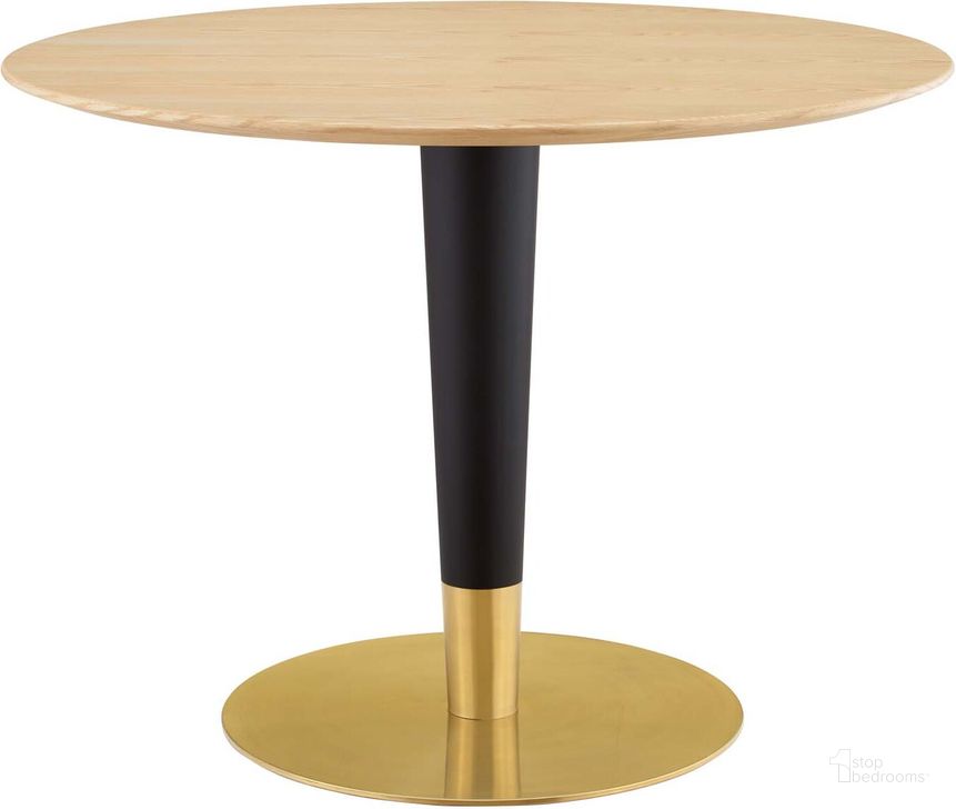 The appearance of Zinque 40 Inch Dining Table In Natural and Gold designed by Modway in the modern / contemporary interior design. This natural and gold piece of furniture  was selected by 1StopBedrooms from Zinque Collection to add a touch of cosiness and style into your home. Sku: EEI-5145-GLD-NAT. Table Base Style: Pedestal. Table Top Shape: Round. Product Type: Dining Table. Material: Stainless Steel. Size: 40". Image1