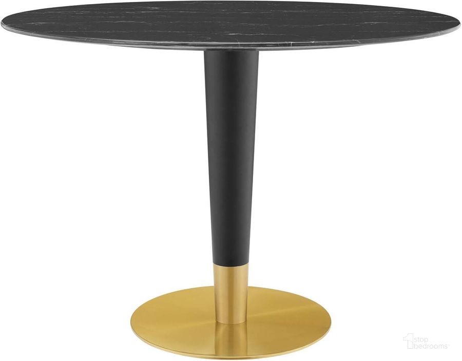 The appearance of Zinque 42 Inch Oval Artificial Marble Dining Table In Black and Gold designed by Modway in the modern / contemporary interior design. This black and gold piece of furniture  was selected by 1StopBedrooms from Zinque Collection to add a touch of cosiness and style into your home. Sku: EEI-5133-GLD-BLK. Table Base Style: Pedestal. Table Top Shape: Oval. Product Type: Dining Table. Material: Stainless Steel. Size: 42". Image1