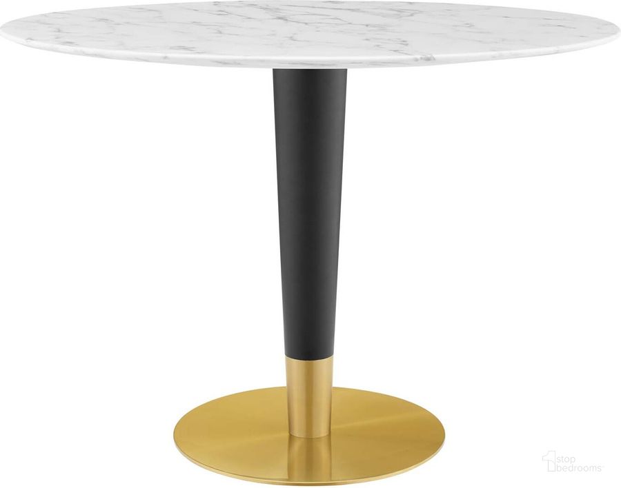 The appearance of Zinque 42 Inch Oval Artificial Marble Dining Table In Gold and White designed by Modway in the modern / contemporary interior design. This gold and white piece of furniture  was selected by 1StopBedrooms from Zinque Collection to add a touch of cosiness and style into your home. Sku: EEI-5125-GLD-WHI. Table Base Style: Pedestal. Table Top Shape: Oval. Product Type: Dining Table. Material: Stainless Steel. Size: 42". Image1