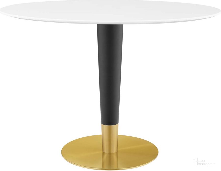 The appearance of Zinque 42 Inch Oval Dining Table In Gold and White designed by Modway in the modern / contemporary interior design. This gold and white piece of furniture  was selected by 1StopBedrooms from Zinque Collection to add a touch of cosiness and style into your home. Sku: EEI-5124-GLD-WHI. Table Base Style: Pedestal. Table Top Shape: Oval. Product Type: Dining Table. Material: Stainless Steel. Size: 42". Image1