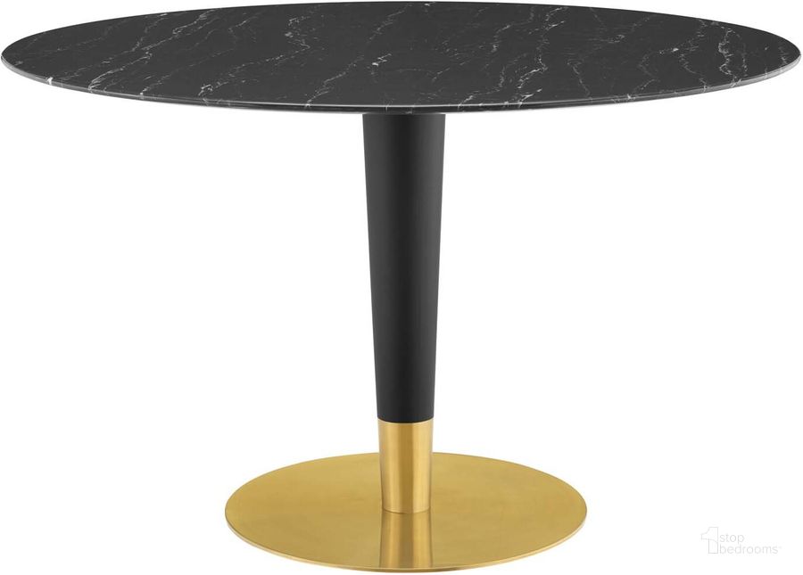 The appearance of Zinque 47 Inch Artificial Marble Dining Table In Black and Gold designed by Modway in the modern / contemporary interior design. This black and gold piece of furniture  was selected by 1StopBedrooms from Zinque Collection to add a touch of cosiness and style into your home. Sku: EEI-5149-GLD-BLK. Table Base Style: Pedestal. Table Top Shape: Round. Product Type: Dining Table. Material: Stainless Steel. Size: 47". Image1