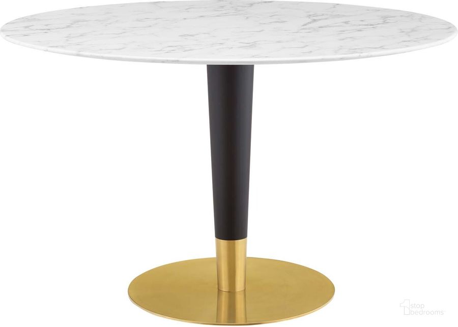 The appearance of Zinque 47 Inch Artificial Marble Dining Table In Gold and White designed by Modway in the modern / contemporary interior design. This gold and white piece of furniture  was selected by 1StopBedrooms from Zinque Collection to add a touch of cosiness and style into your home. Sku: EEI-5139-GLD-WHI. Table Base Style: Pedestal. Table Top Shape: Round. Product Type: Dining Table. Material: Stainless Steel. Size: 47". Image1
