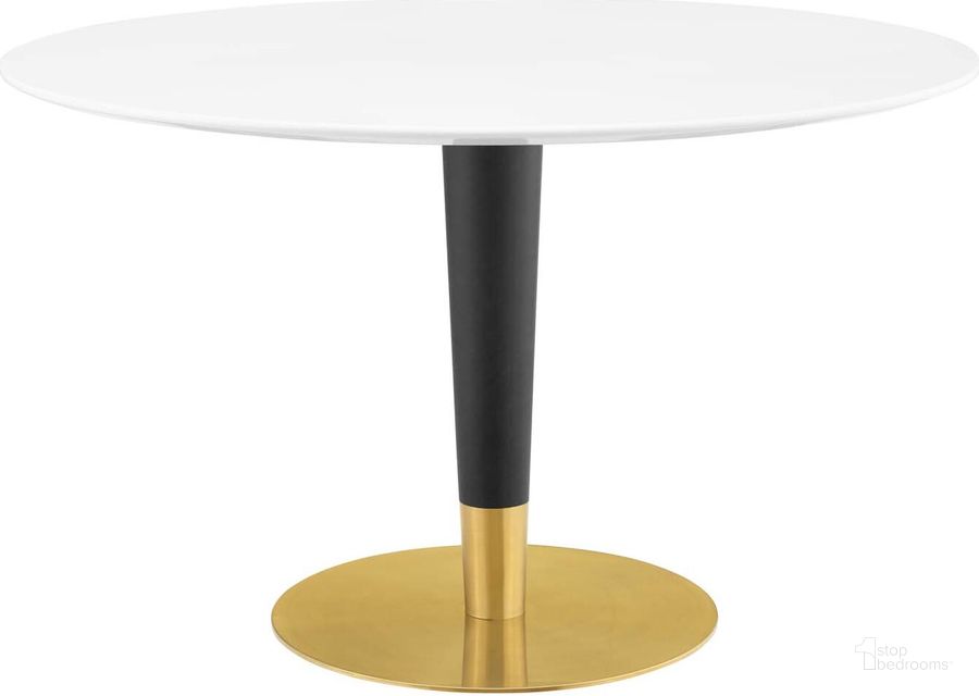 The appearance of Zinque 47 Inch Dining Table In Gold and White designed by Modway in the modern / contemporary interior design. This gold and white piece of furniture  was selected by 1StopBedrooms from Zinque Collection to add a touch of cosiness and style into your home. Sku: EEI-5136-GLD-WHI. Table Base Style: Pedestal. Table Top Shape: Round. Product Type: Dining Table. Material: Stainless Steel. Size: 47". Image1