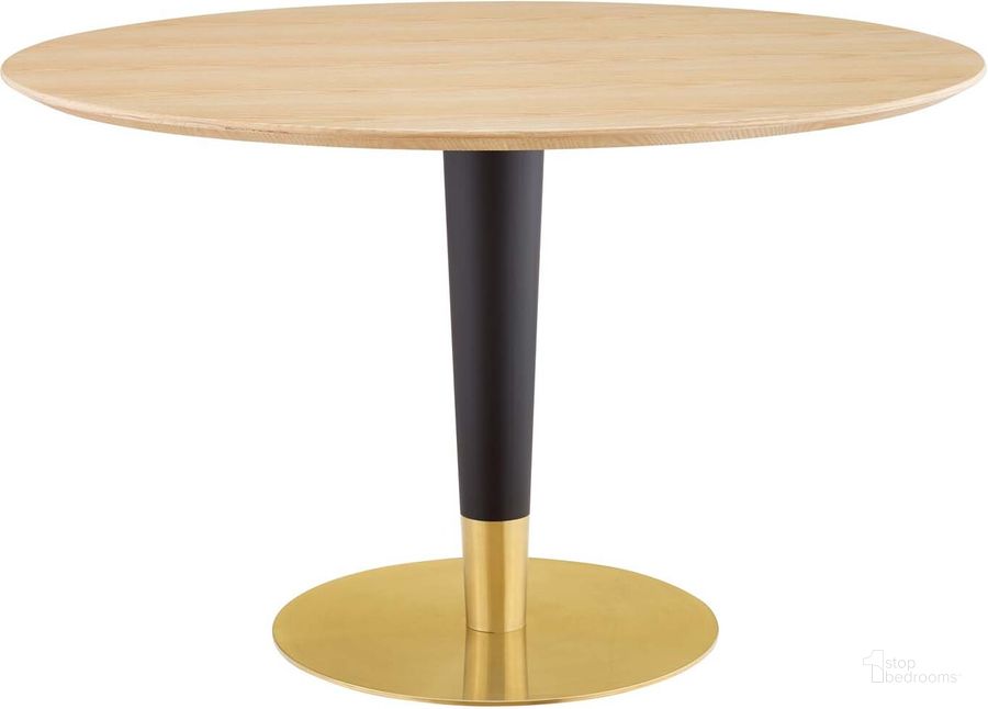 The appearance of Zinque 47 Inch Dining Table In Natural and Gold designed by Modway in the modern / contemporary interior design. This natural and gold piece of furniture  was selected by 1StopBedrooms from Zinque Collection to add a touch of cosiness and style into your home. Sku: EEI-5147-GLD-NAT. Table Base Style: Pedestal. Table Top Shape: Round. Product Type: Dining Table. Material: Stainless Steel. Size: 47". Image1