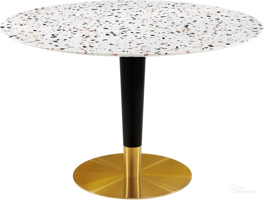 The appearance of Zinque 47 Inch  Round Terrazzo Dining Table In Gold White designed by Modway in the modern / contemporary interior design. This gold white piece of furniture  was selected by 1StopBedrooms from Zinque Collection to add a touch of cosiness and style into your home. Sku: EEI-5732-GLD-WHI. Table Base Style: Pedestal. Table Top Shape: Round. Material: Metal. Product Type: Dining Table. Size: 47". Image1
