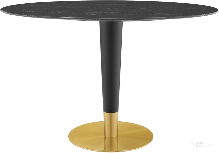 The appearance of Zinque 48 Inch Oval Artificial Marble Dining Table In Black and Gold designed by Modway in the modern / contemporary interior design. This black and gold piece of furniture  was selected by 1StopBedrooms from Zinque Collection to add a touch of cosiness and style into your home. Sku: EEI-5134-GLD-BLK. Table Base Style: Pedestal. Table Top Shape: Oval. Product Type: Dining Table. Material: Stainless Steel. Size: 48". Image1
