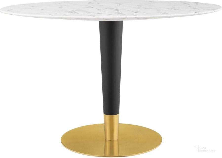 The appearance of Zinque 48 Inch Oval Artificial Marble Dining Table In Gold and White designed by Modway in the modern / contemporary interior design. This gold and white piece of furniture  was selected by 1StopBedrooms from Zinque Collection to add a touch of cosiness and style into your home. Sku: EEI-5143-GLD-WHI. Table Base Style: Pedestal. Table Top Shape: Oval. Product Type: Dining Table. Material: Stainless Steel. Size: 48". Image1
