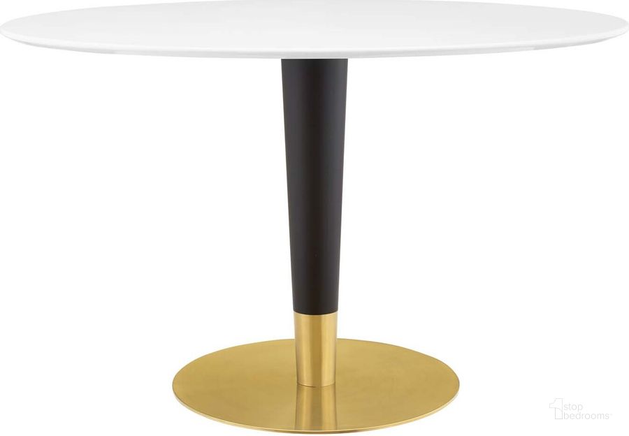 The appearance of Zinque 48 Inch Oval Dining Table In Gold and White designed by Modway in the modern / contemporary interior design. This gold and white piece of furniture  was selected by 1StopBedrooms from Zinque Collection to add a touch of cosiness and style into your home. Sku: EEI-5141-GLD-WHI. Table Base Style: Pedestal. Table Top Shape: Oval. Product Type: Dining Table. Material: Stainless Steel. Size: 48". Image1